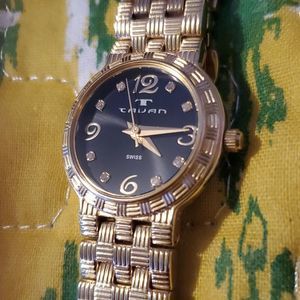 Tavan Wicker Woven Look‎ Gold Tone Women's Watch Diamond Numerals 3766-191